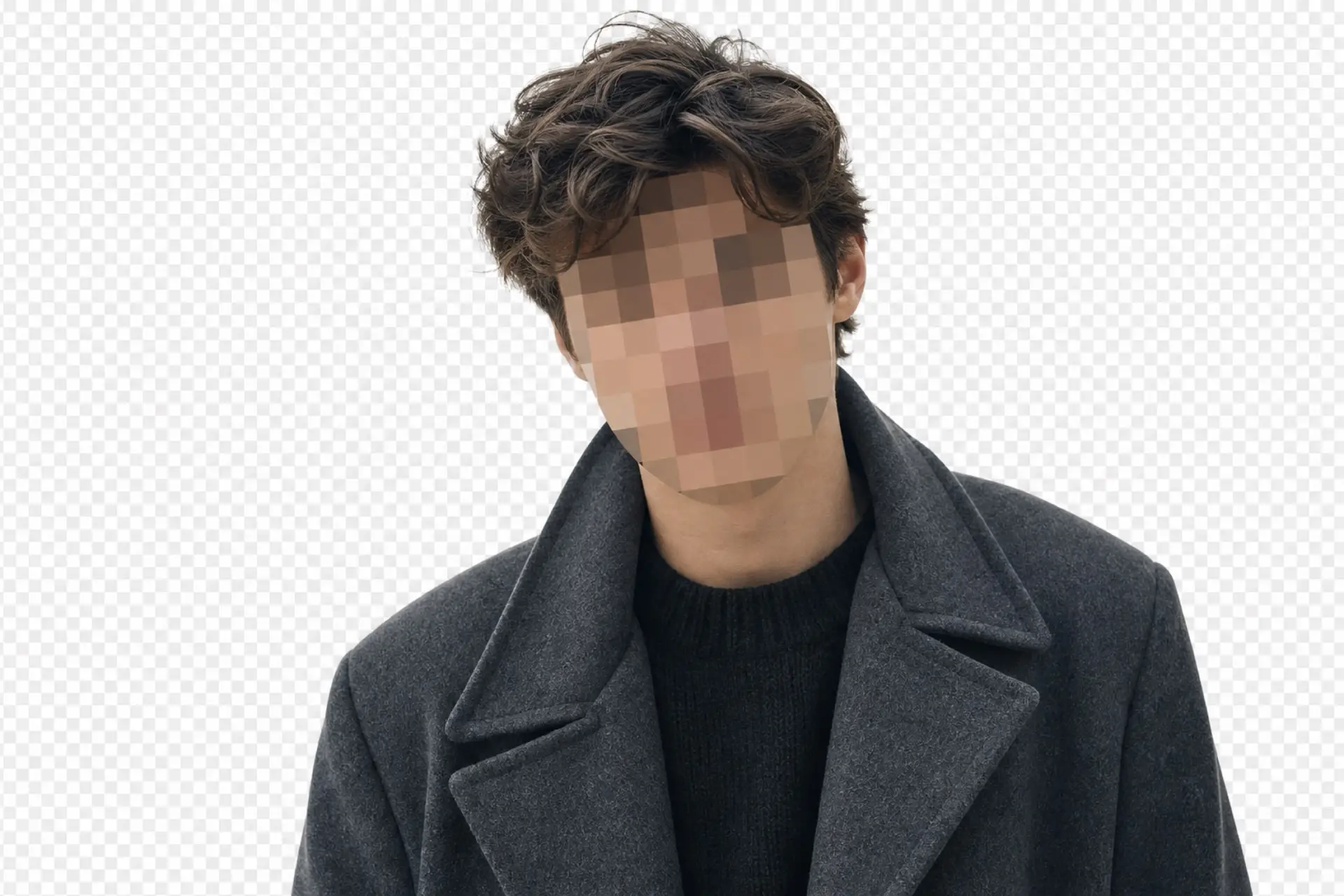 Cut-out portrait with a mosaic over the face on a transparent checkerboard